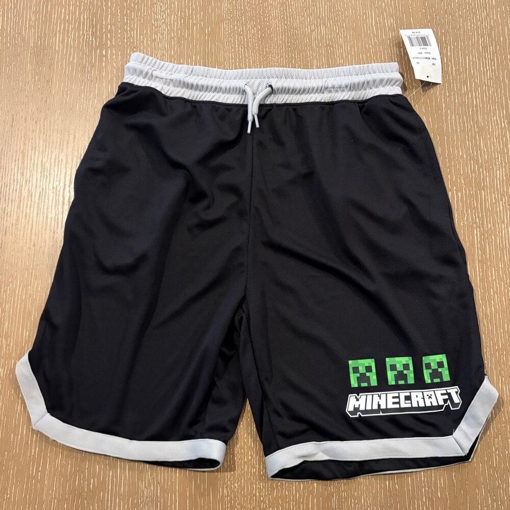 Minecraft Creeper Large Boys Shorts 14/16 Black Draw String Elastic Waist Gym